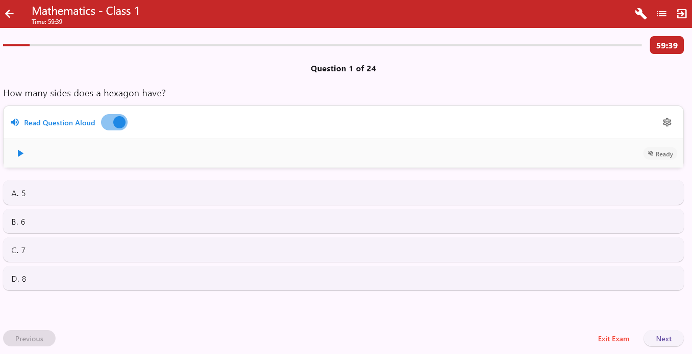 Student exam screen